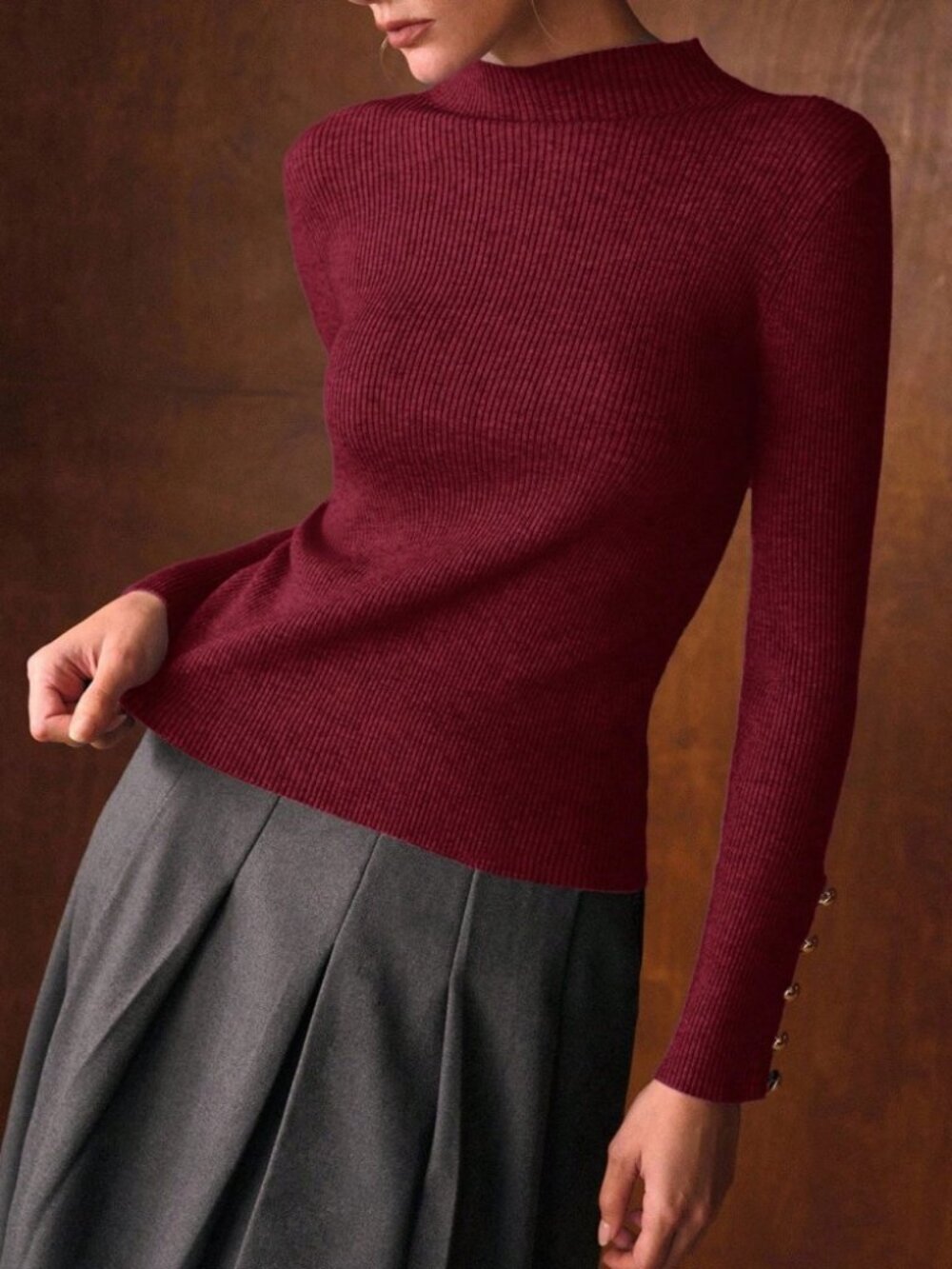 Burgundy Ribbed Knit Stand Mock Neck Collar Button Cuff Sweater